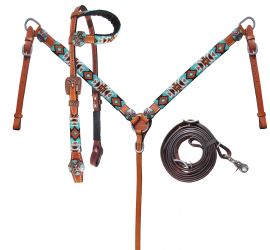 Showman Turquoise and Orange Beaded Aztec Headstall and Breastcollar Set